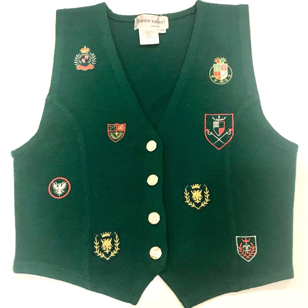 Vintage Vest in Dark Green with 8 Embroidered Red/Gold Crests & 4 Golden Buttons